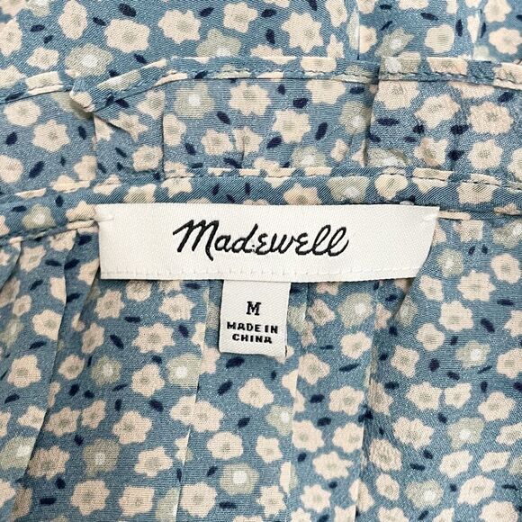 Madewell 100% Silk Poet Top Dusty Slate Blue & Cream Bitsy Floral Size Medium - Picture 11 of 15